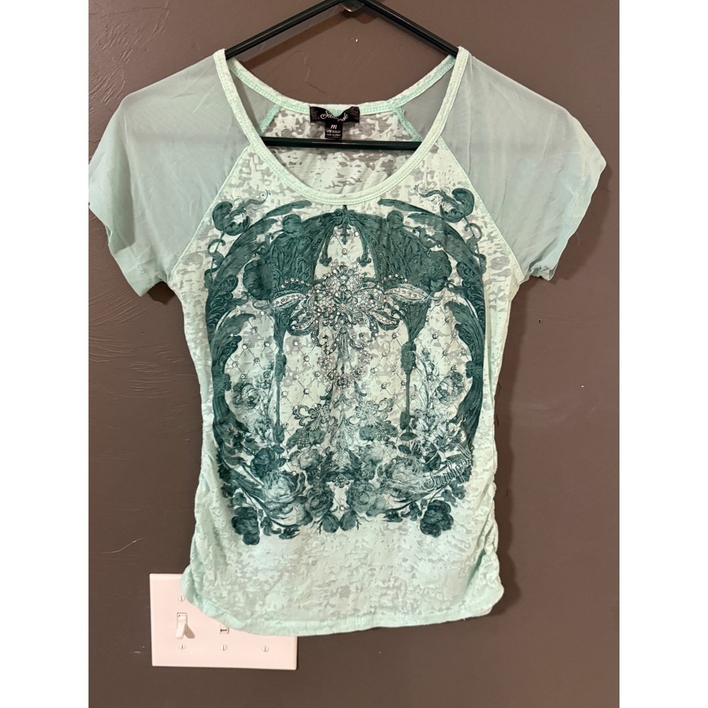 Southpole Vintage Y2k Mint Green Graphic Burnout‎ Rhinestone Mesh Sleeve Tee M